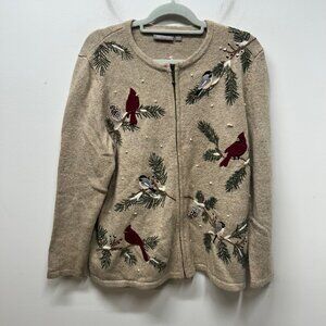Croft & Barrow Holiday Cardinal Red tan Bird Zip Front Cardigan sweater 1x